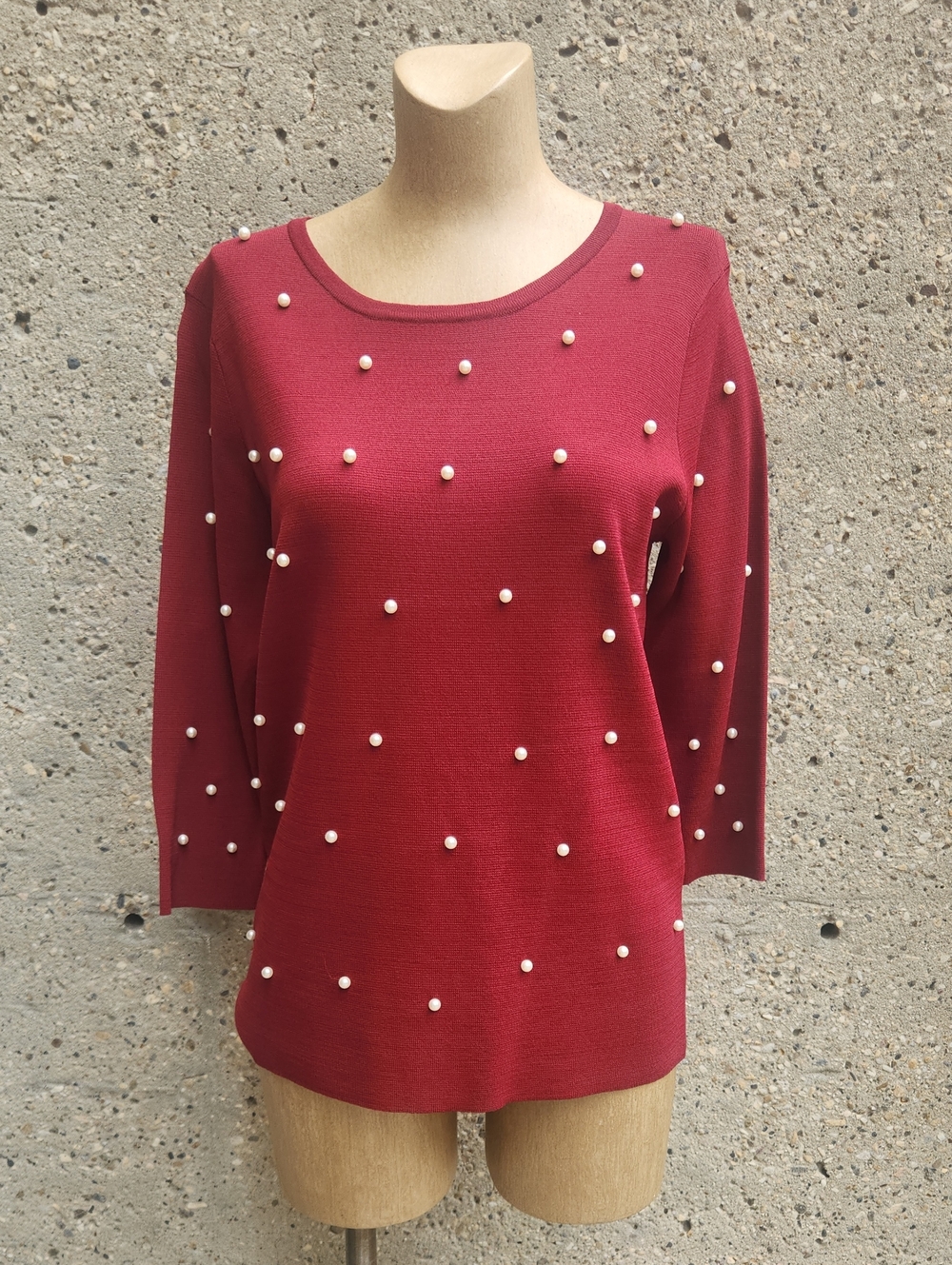 Pearl-Accent Burgundy Knit Top